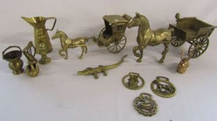 Collection of brass items to include horse and carts