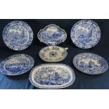 Spode oval blue and white shallow transfer printed dish depicting gun dogs, oval pie dish (