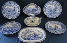 Spode oval blue and white shallow transfer printed dish depicting gun dogs, oval pie dish (