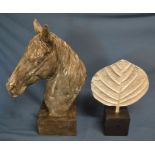 Resin bust of a horses head Ht 45cm & a leaf