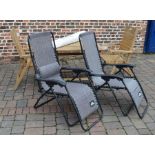 Patio table & 2 matching folding chairs, 2 loungers & a parasol