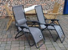 Patio table & 2 matching folding chairs, 2 loungers & a parasol