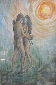 1960's Art school painting in watercolour and pastels of young couple embracing signed Duffy 1963