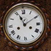 Late Victorian oak cased wall clock with rope twist decoration , dial diameter 16cm (door clip