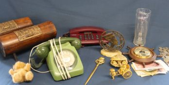 Vintage green BT telephone, quantity of mainly GB 20th century coins, Reichsbank notes, Betacom