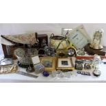 Selection of mantel clocks, stamp paperweights, metal chop sticks, table runner etc.(2 boxes)