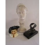 Small cast model of a swan, a Grecian ladies head and a character jug