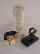 Small cast model of a swan, a Grecian ladies head and a character jug