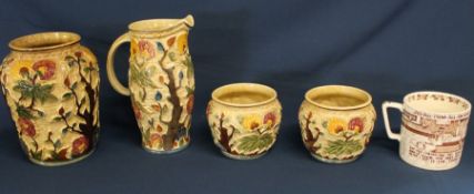 4 pieces of H J Wood Indian Tree pottery & large Crown Devon mug with "A Yorkshireman's Advice"