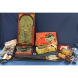 Selection of vintage toys including Chad Valley Escalado, Chad Valley Soccatelle, Pelham puppet, The