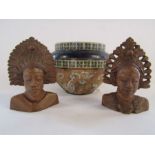 Doulton & Slaters Lambeth planter (some signs of repair to rim) and a pair of wooden Bali tribal