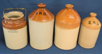 3 World War I SRD flagons & a WWII Ointment Anti-Gas No.3 stoneware jar