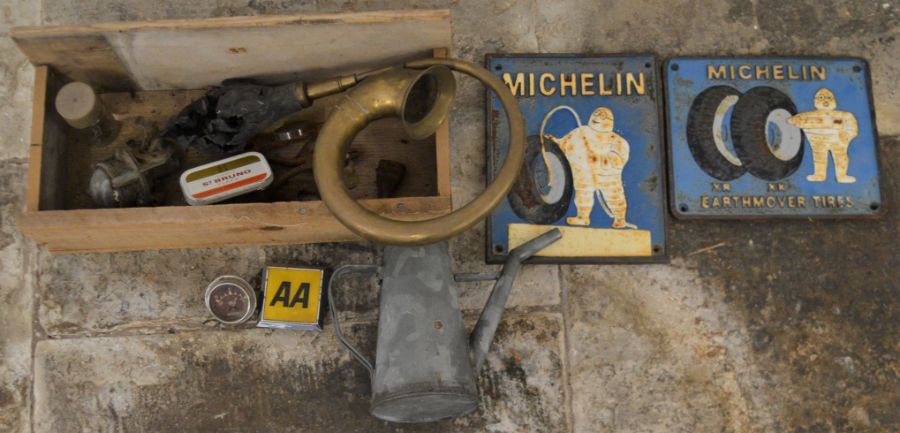 Car related memorabilia - horn, 2 Michelin cast iron signs, AA badge etc