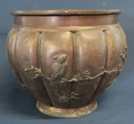 Japanese bronze jardinière of lobed and tapering form with birds & prunus pattern 24.5cm high (no
