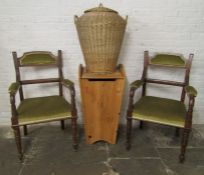 2 laundry baskets & a pair of Edwardian chairs