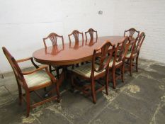 Regency style dining table in yew wood veneer 260cm by 107cm & 8 (inc 2 carvers) Hepplewhite style