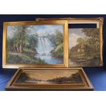 Large oil on canvas depicting waterfall by R Danford, oil on canvas depicting cottage by a stream by