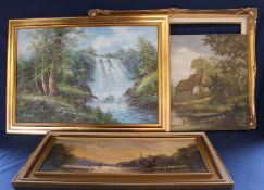 Large oil on canvas depicting waterfall by R Danford, oil on canvas depicting cottage by a stream by