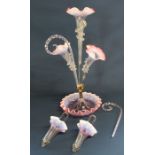 Victorian opalescent glass 3 trumpet epergne with two hanging baskets ( one cane snapped)