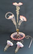 Victorian opalescent glass 3 trumpet epergne with two hanging baskets ( one cane snapped)