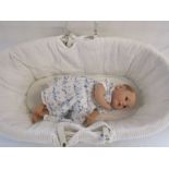 A Reborn baby doll 21" weighted doll with wide open brown eyes and painted hair with a moses basket