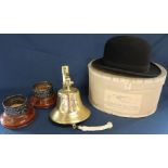 Dunn & Co light weight bowler hat (size 7 ) with box, Bacardi Spice brass bell & 2 wine coasters