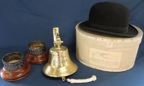 Dunn & Co light weight bowler hat (size 7 ) with box, Bacardi Spice brass bell & 2 wine coasters