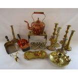 Collection of brass and copper to include brass candle snuffers and candle stands etc