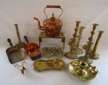 Collection of brass and copper to include brass candle snuffers and candle stands etc