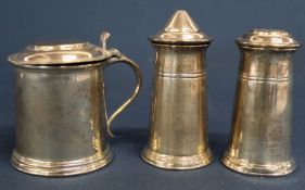 Viner's silver 3 piece condiment set:- mustard pot with bakelite liner & salt Sheffield 1951 &