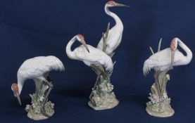 Trio of Lladro stork figurines on naturalistic bases (end of one beak  / bull rushes damaged)