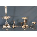 Victorian silver plated epergne with cut glass central vase & 1 other vine type epergne