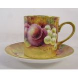 Royal Worcester artist Bryan Cox outside decorated fruit painted coffee can and saucer - both pieces