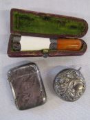 Small collection of silver items including a vesta case, cheroot holder and cat bell total weight (
