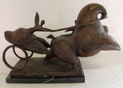 Large French Modernist bronze chariot sculpture on marble base 56cm x 21.5cm