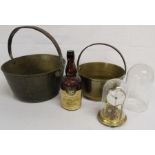 2 brass jam pans & John Coney scotch whisky bottle (empty), Bentima torsion clock & glass dome