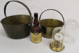 2 brass jam pans & John Coney scotch whisky bottle (empty), Bentima torsion clock & glass dome