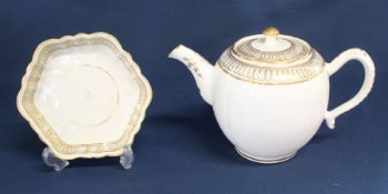 18th century possibly Coalport porcelain teapot, cover & stand with gold decoration and foliate