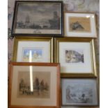 6 framed pictures including a 19th century engraving