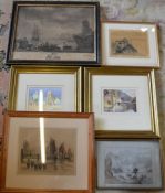 6 framed pictures including a 19th century engraving