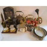 2 cobblers lasts, vintage car horn & bugle, scales with weights, etc (2boxes)