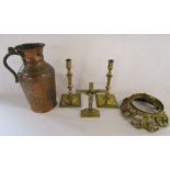 Collection of brass and copper items to include candlesticks, cross, large jug etc