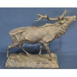 Large bronze stag after Pierre-Jules Mene on a naturalistic cast rectangular base, 46cm wide x