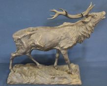 Large bronze stag after Pierre-Jules Mene on a naturalistic cast rectangular base, 46cm wide x