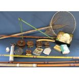 Selection of fishing equipment including 5 wooden reels (one marked A Stones Peterborough), flies,