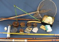 Selection of fishing equipment including 5 wooden reels (one marked A Stones Peterborough), flies,