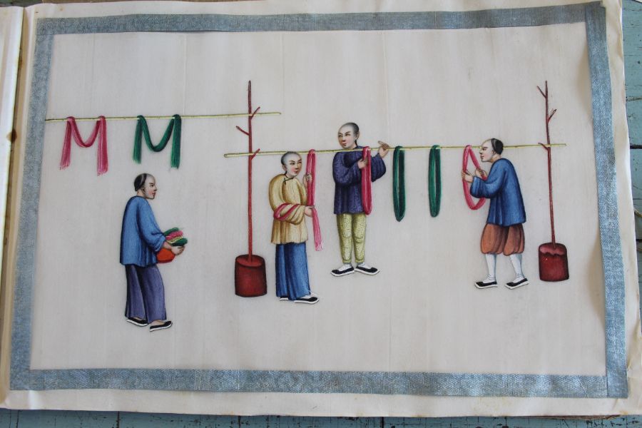 Late 19th / early 20th century album of Chinese paintings on rice paper depicting the silk making - Image 7 of 23