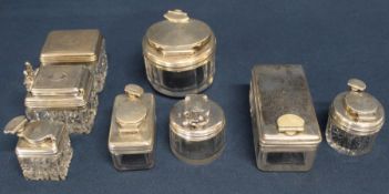 Selection of cut glass travelling ink wells most with silver hallmarks & 1 matching cut glass pot