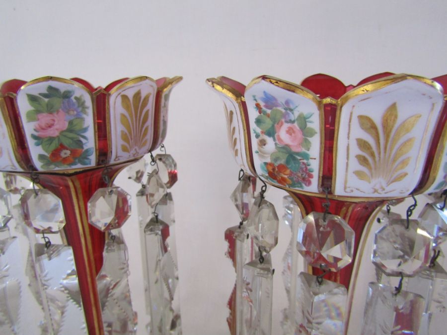 Pair of overlay cranberry lustres approx. 31cm high - gilding is worn in places, some chips to drops - Image 3 of 17
