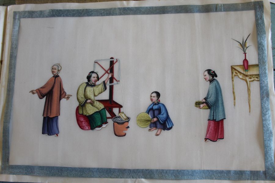 Late 19th / early 20th century album of Chinese paintings on rice paper depicting the silk making - Image 5 of 23